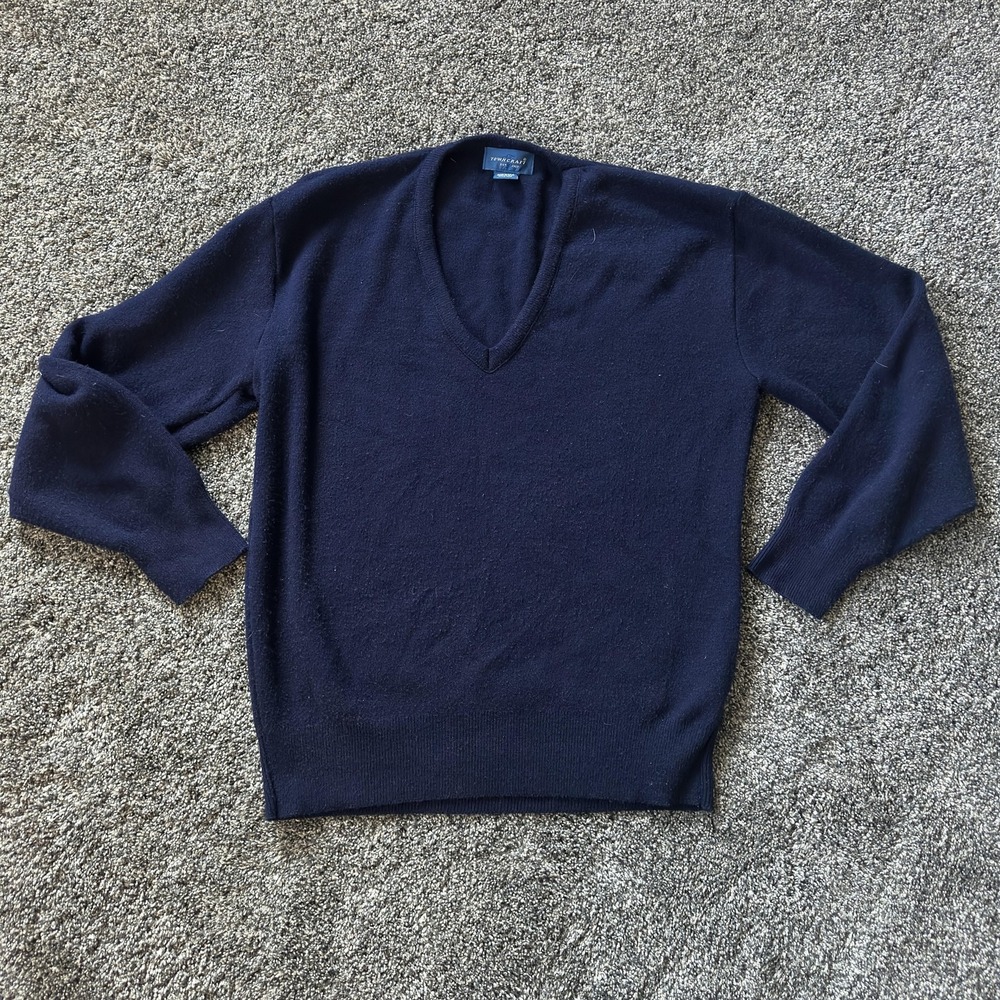 Towncraft Sweater Mens Medium‎ Navy Blue V-Neck Pullover Knit Acrylic Made USA